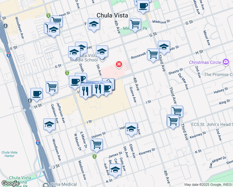 map of restaurants, bars, coffee shops, grocery stores, and more near 565 Broadway in Chula Vista