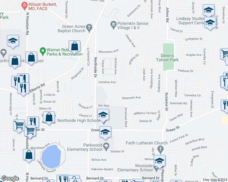 map of restaurants, bars, coffee shops, grocery stores, and more near 107 Arizona Avenue in Warner Robins