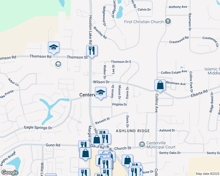 map of restaurants, bars, coffee shops, grocery stores, and more near 213 Garvin Drive in Centerville