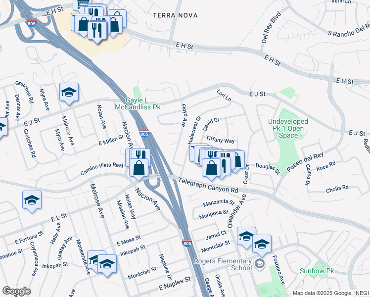 map of restaurants, bars, coffee shops, grocery stores, and more near 856 Halecrest Drive in Chula Vista