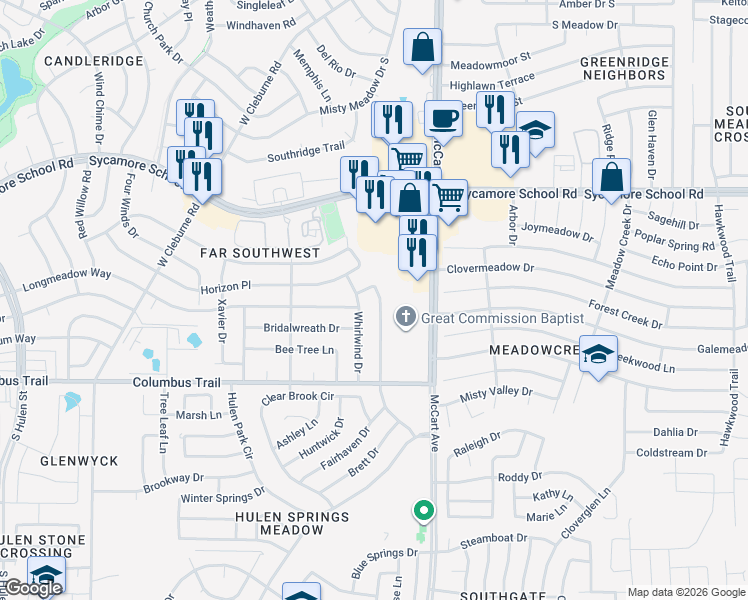 map of restaurants, bars, coffee shops, grocery stores, and more near 7612 Val Verde Dr in Fort Worth