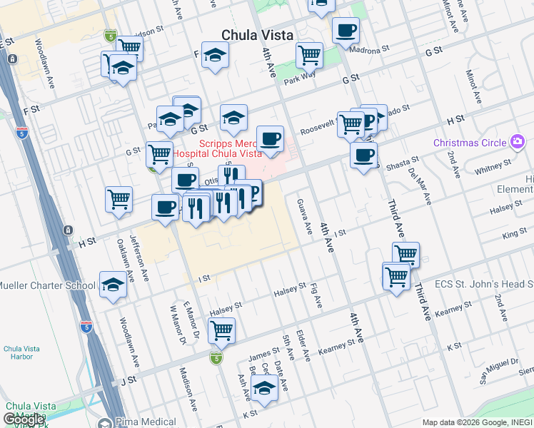 map of restaurants, bars, coffee shops, grocery stores, and more near 565 Broadway in Chula Vista