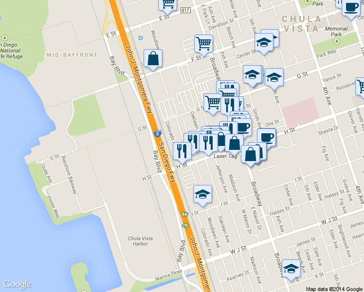 map of restaurants, bars, coffee shops, grocery stores, and more near 464 Woodlawn Avenue in Chula Vista