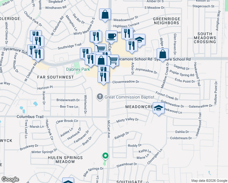 map of restaurants, bars, coffee shops, grocery stores, and more near 3417 Forest Creek Drive in Fort Worth