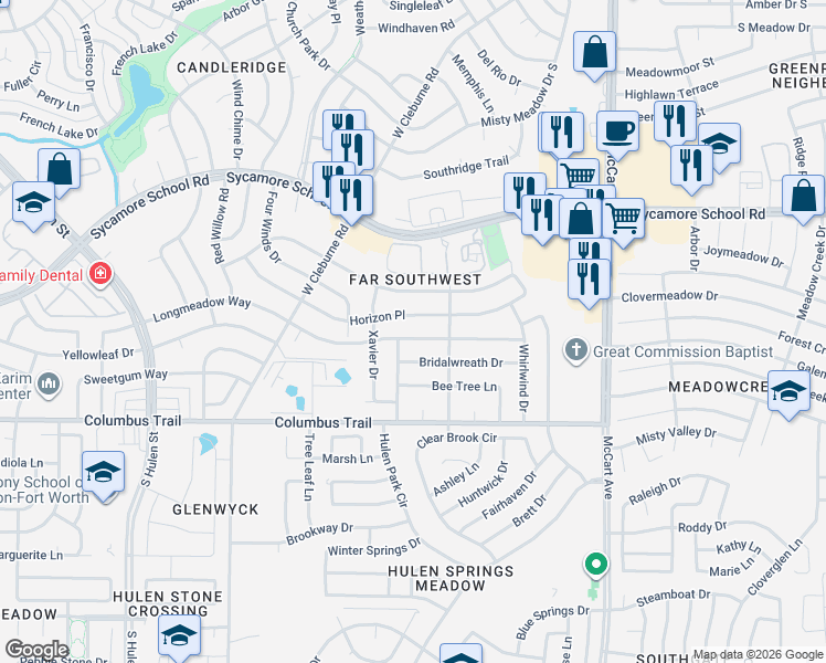 map of restaurants, bars, coffee shops, grocery stores, and more near 3816 Longmeadow Way in Fort Worth