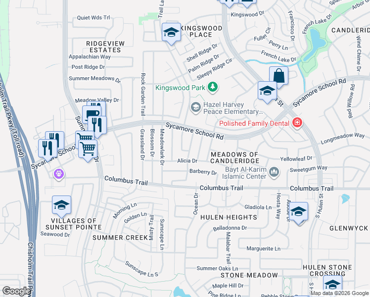 map of restaurants, bars, coffee shops, grocery stores, and more near 7709 Harmony Drive in Fort Worth