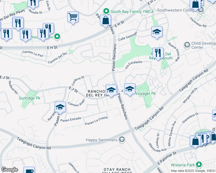 map of restaurants, bars, coffee shops, grocery stores, and more near 1075 Hayuco Plaza in Chula Vista