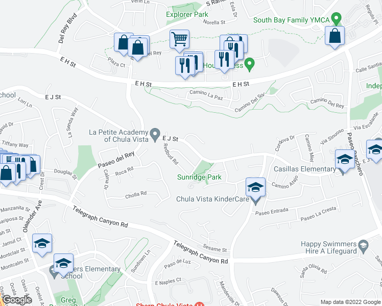 map of restaurants, bars, coffee shops, grocery stores, and more near 840 East J Street in Chula Vista
