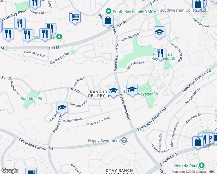 map of restaurants, bars, coffee shops, grocery stores, and more near 1066 Hayuco Plaza in Chula Vista