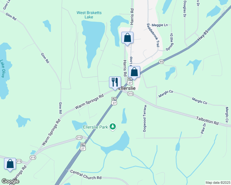 map of restaurants, bars, coffee shops, grocery stores, and more near 3565 Georgia 85 in Ellerslie