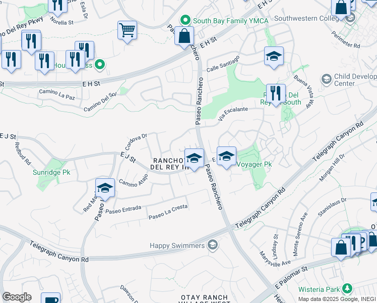 map of restaurants, bars, coffee shops, grocery stores, and more near 1075 Hayuco Plaza in Chula Vista