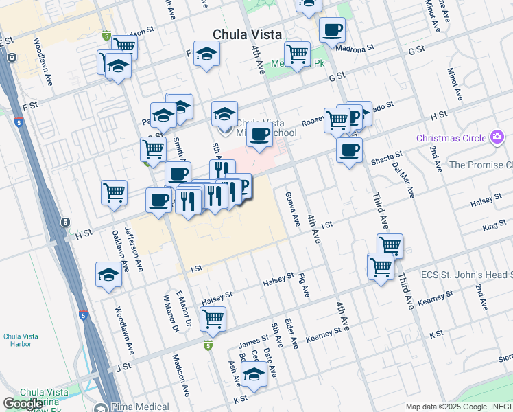 map of restaurants, bars, coffee shops, grocery stores, and more near 565 Broadway in Chula Vista