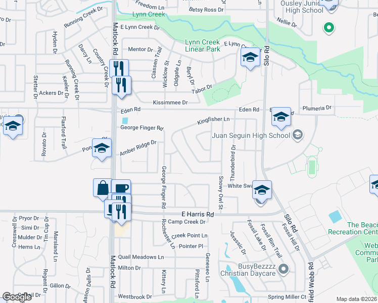 map of restaurants, bars, coffee shops, grocery stores, and more near 6923 Misty Meadow Lane in Arlington
