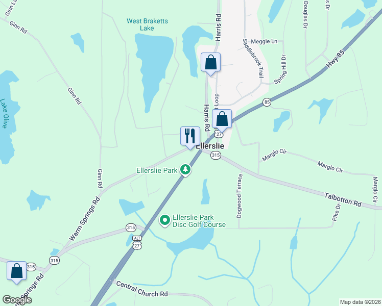 map of restaurants, bars, coffee shops, grocery stores, and more near 3565 Georgia 85 in Ellerslie