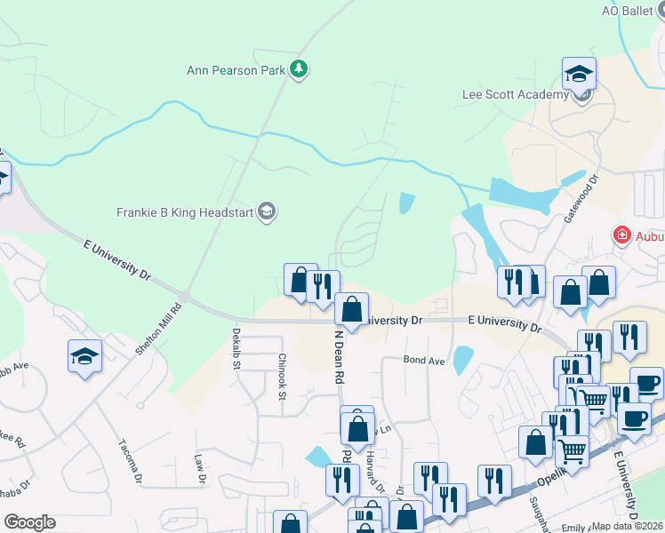 map of restaurants, bars, coffee shops, grocery stores, and more near 1273 North Dean Road in Auburn