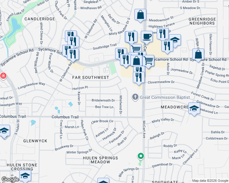 map of restaurants, bars, coffee shops, grocery stores, and more near 3712 Longmeadow Way in Fort Worth