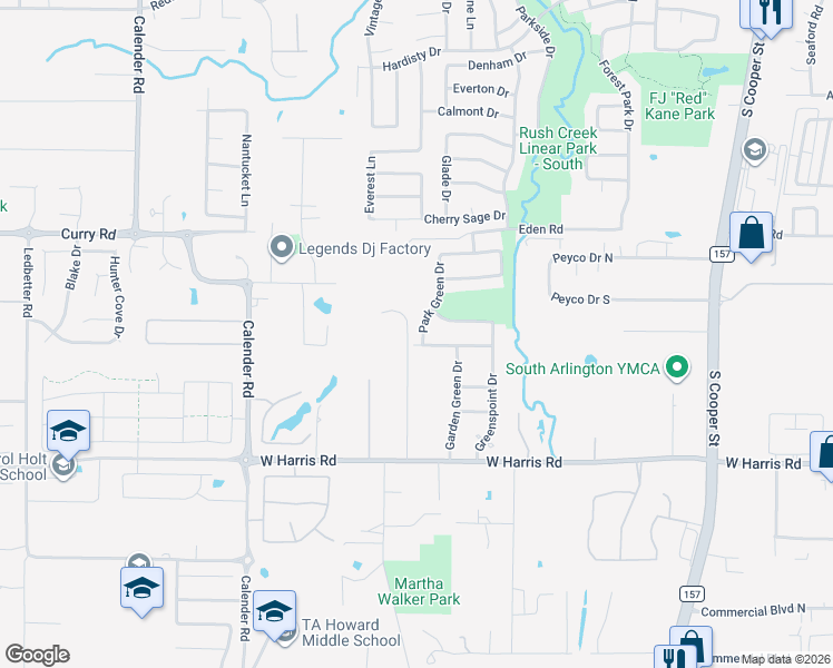 map of restaurants, bars, coffee shops, grocery stores, and more near 7028 Park Green Drive in Arlington