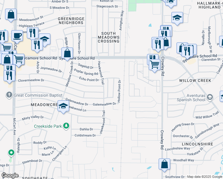 map of restaurants, bars, coffee shops, grocery stores, and more near 7636 Rainbow Creek Drive in Fort Worth