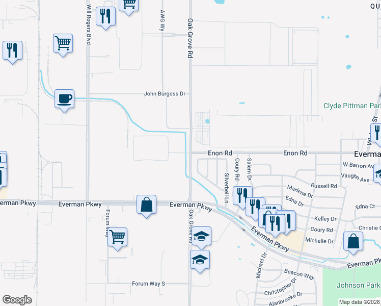 map of restaurants, bars, coffee shops, grocery stores, and more near 8300 Oak Grove Road in Fort Worth