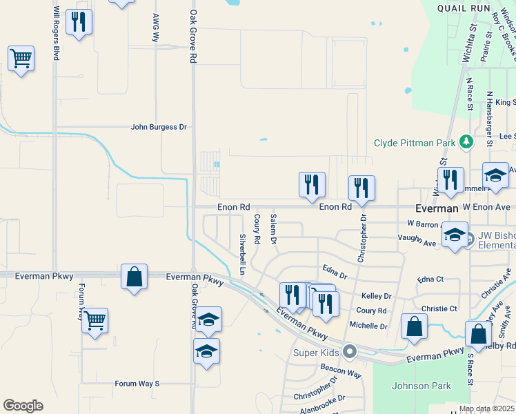 map of restaurants, bars, coffee shops, grocery stores, and more near 1134 Enon Avenue in Fort Worth