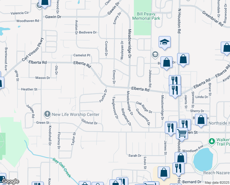 map of restaurants, bars, coffee shops, grocery stores, and more near 205 Tanglewood Drive in Warner Robins