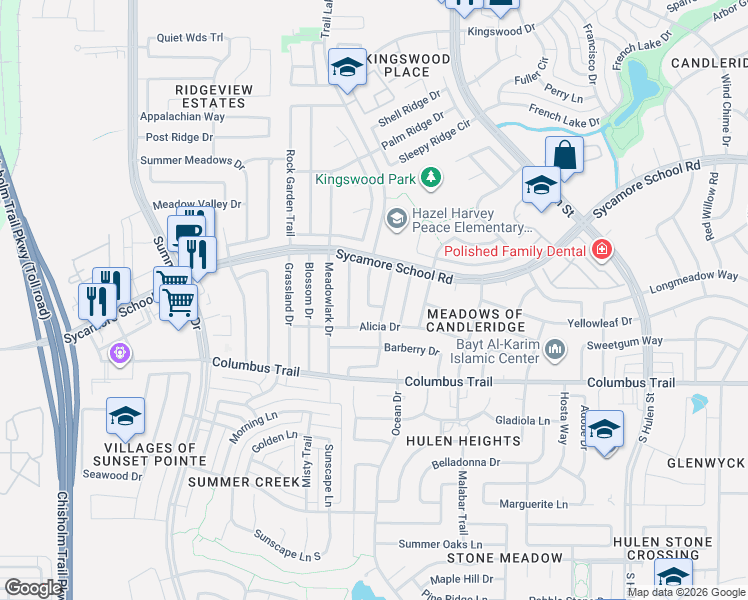 map of restaurants, bars, coffee shops, grocery stores, and more near 7709 Harmony Drive in Fort Worth