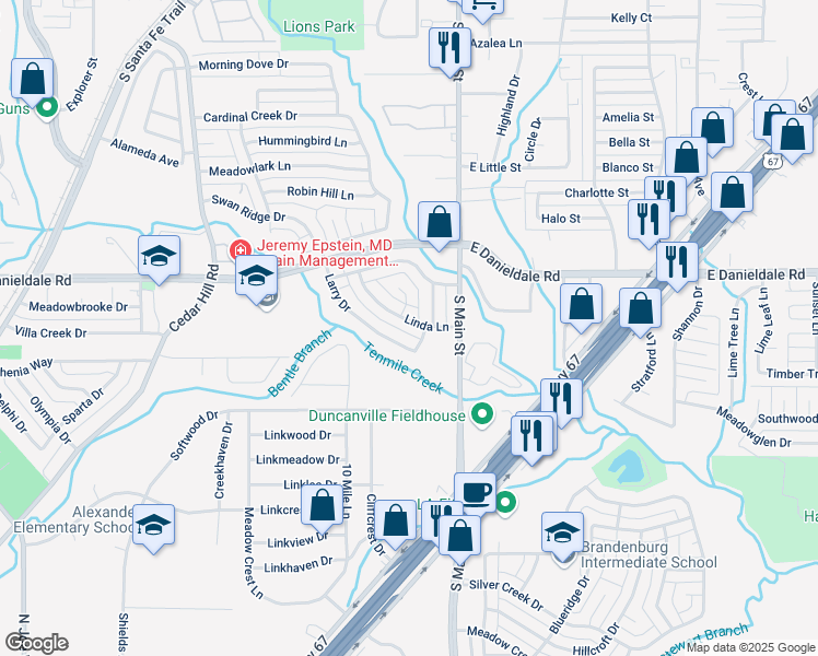 map of restaurants, bars, coffee shops, grocery stores, and more near 206 Linda Ln in Duncanville