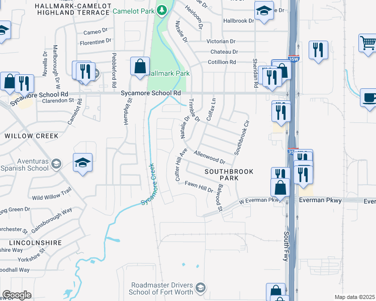 map of restaurants, bars, coffee shops, grocery stores, and more near 8101 Cutter Hill Avenue in Fort Worth