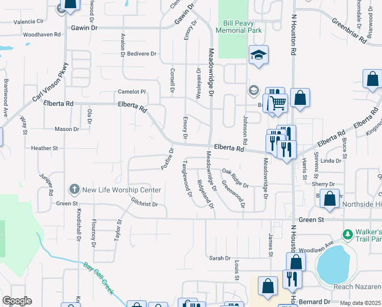 map of restaurants, bars, coffee shops, grocery stores, and more near 205 Tanglewood Drive in Warner Robins