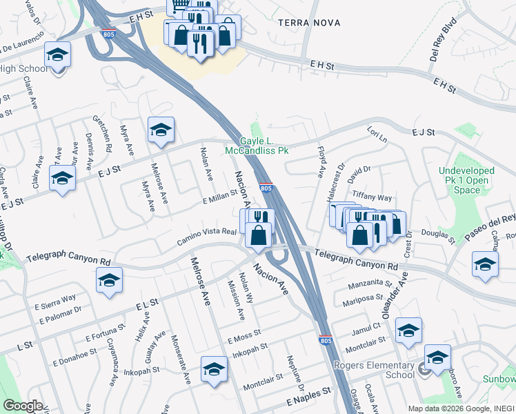 map of restaurants, bars, coffee shops, grocery stores, and more near 814 Tamayo Drive in Chula Vista