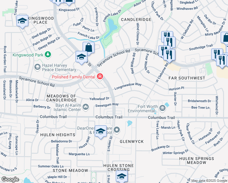 map of restaurants, bars, coffee shops, grocery stores, and more near 4245 Longmeadow Way in Fort Worth