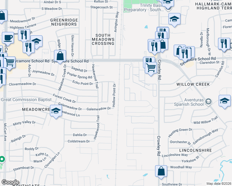 map of restaurants, bars, coffee shops, grocery stores, and more near 7640 Hollow Point Drive in Fort Worth