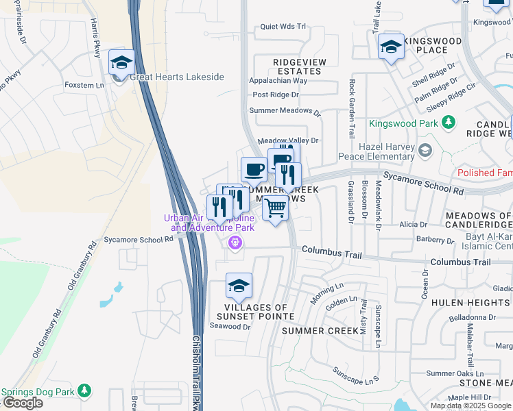 map of restaurants, bars, coffee shops, grocery stores, and more near 5329 Sycamore School Road in Fort Worth