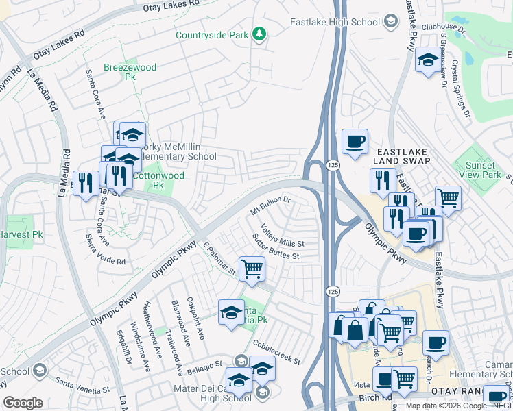 map of restaurants, bars, coffee shops, grocery stores, and more near 1325 Escalon Place in Chula Vista