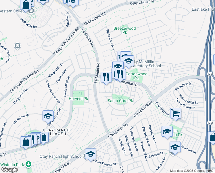 map of restaurants, bars, coffee shops, grocery stores, and more near 1250 Santa Cora Avenue in Chula Vista