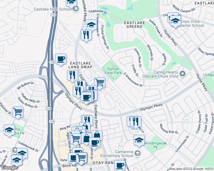 map of restaurants, bars, coffee shops, grocery stores, and more near 1397 Caminito Veranza in Chula Vista