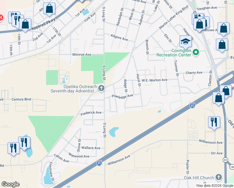 map of restaurants, bars, coffee shops, grocery stores, and more near 862 Powledge Avenue in Opelika