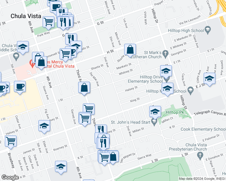 map of restaurants, bars, coffee shops, grocery stores, and more near 626 2nd Avenue in Chula Vista