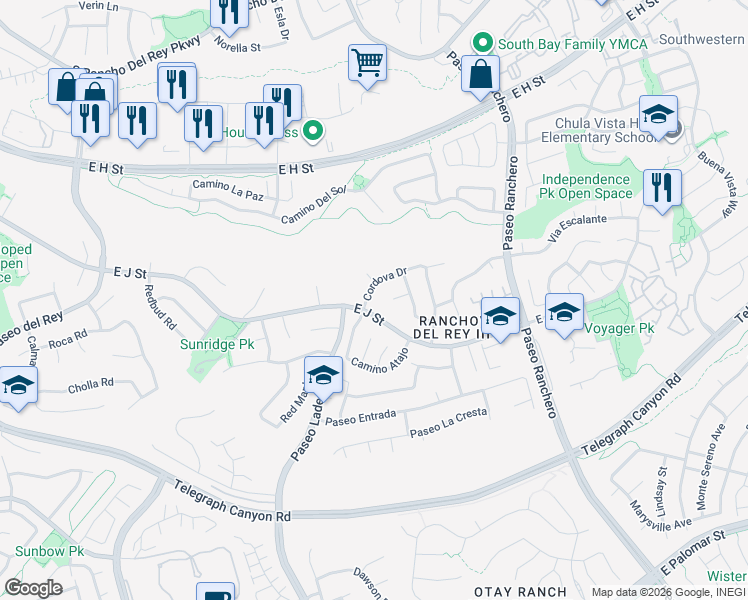 map of restaurants, bars, coffee shops, grocery stores, and more near 1005 East J Street in Chula Vista