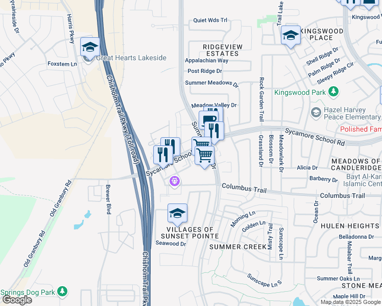 map of restaurants, bars, coffee shops, grocery stores, and more near 5329 Sycamore School Road in Fort Worth