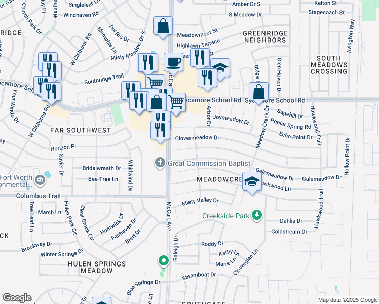 map of restaurants, bars, coffee shops, grocery stores, and more near 3309 Forest Creek Drive in Fort Worth