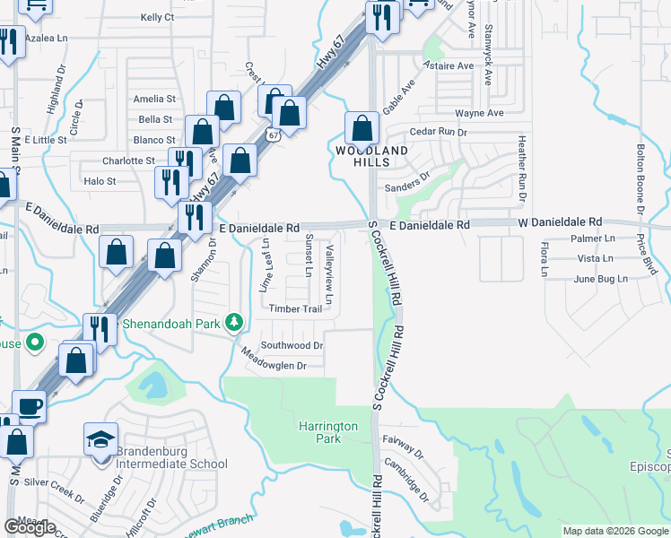 map of restaurants, bars, coffee shops, grocery stores, and more near 1526 Valleyview Lane in Duncanville