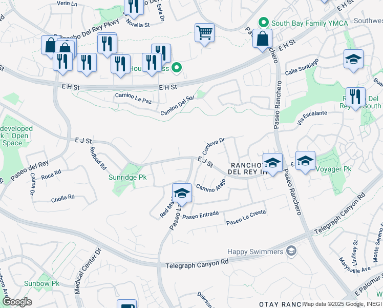 map of restaurants, bars, coffee shops, grocery stores, and more near 971 East J Street in Chula Vista