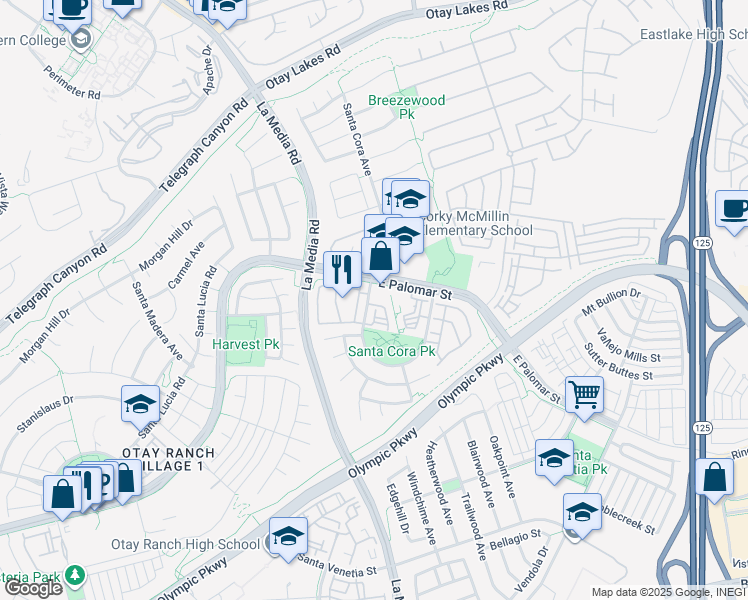 map of restaurants, bars, coffee shops, grocery stores, and more near 1241 Santa Cora Avenue in Chula Vista