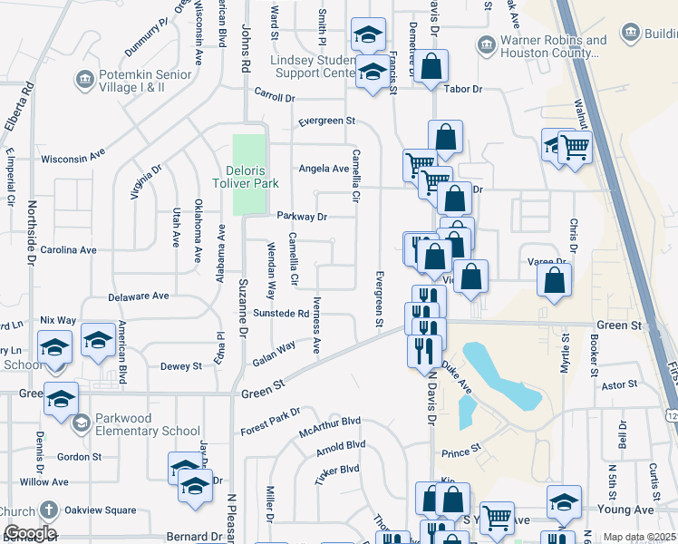 map of restaurants, bars, coffee shops, grocery stores, and more near 103 Iverness Avenue in Warner Robins