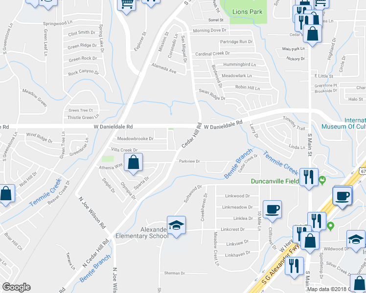 map of restaurants, bars, coffee shops, grocery stores, and more near Cedar Hill Road in Duncanville