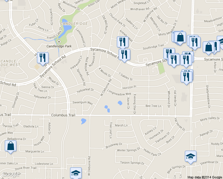 map of restaurants, bars, coffee shops, grocery stores, and more near 3944 Longmeadow Way in Fort Worth