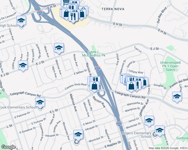 map of restaurants, bars, coffee shops, grocery stores, and more near 803 Tamayo Drive in Chula Vista