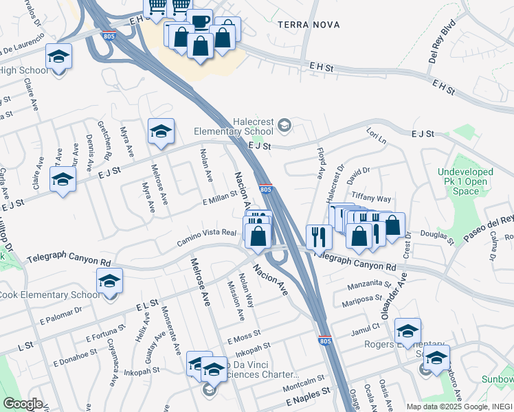 map of restaurants, bars, coffee shops, grocery stores, and more near 814 Tamayo Drive in Chula Vista