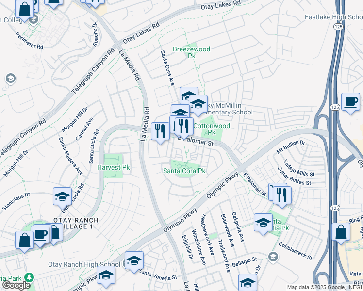 map of restaurants, bars, coffee shops, grocery stores, and more near 1241 Santa Cora Avenue in Chula Vista